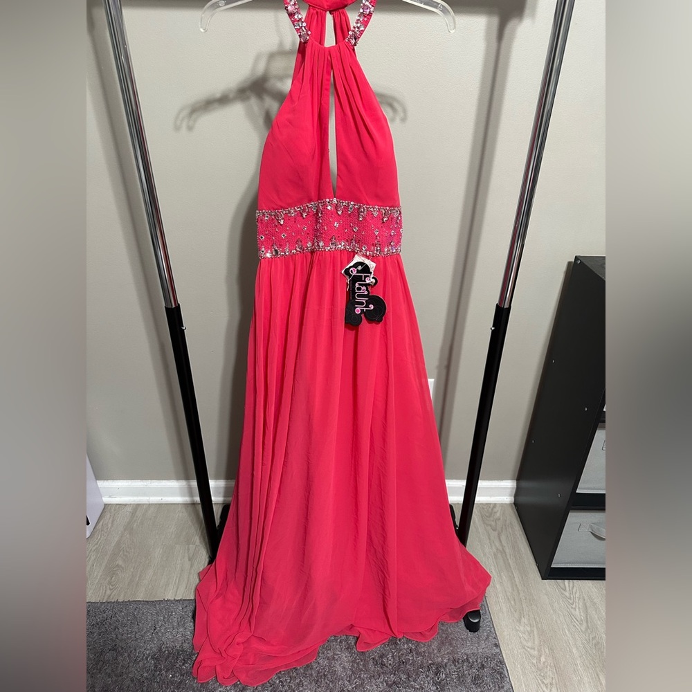 NWT Morilee Pink Halter Long Dress with Tulle Insert